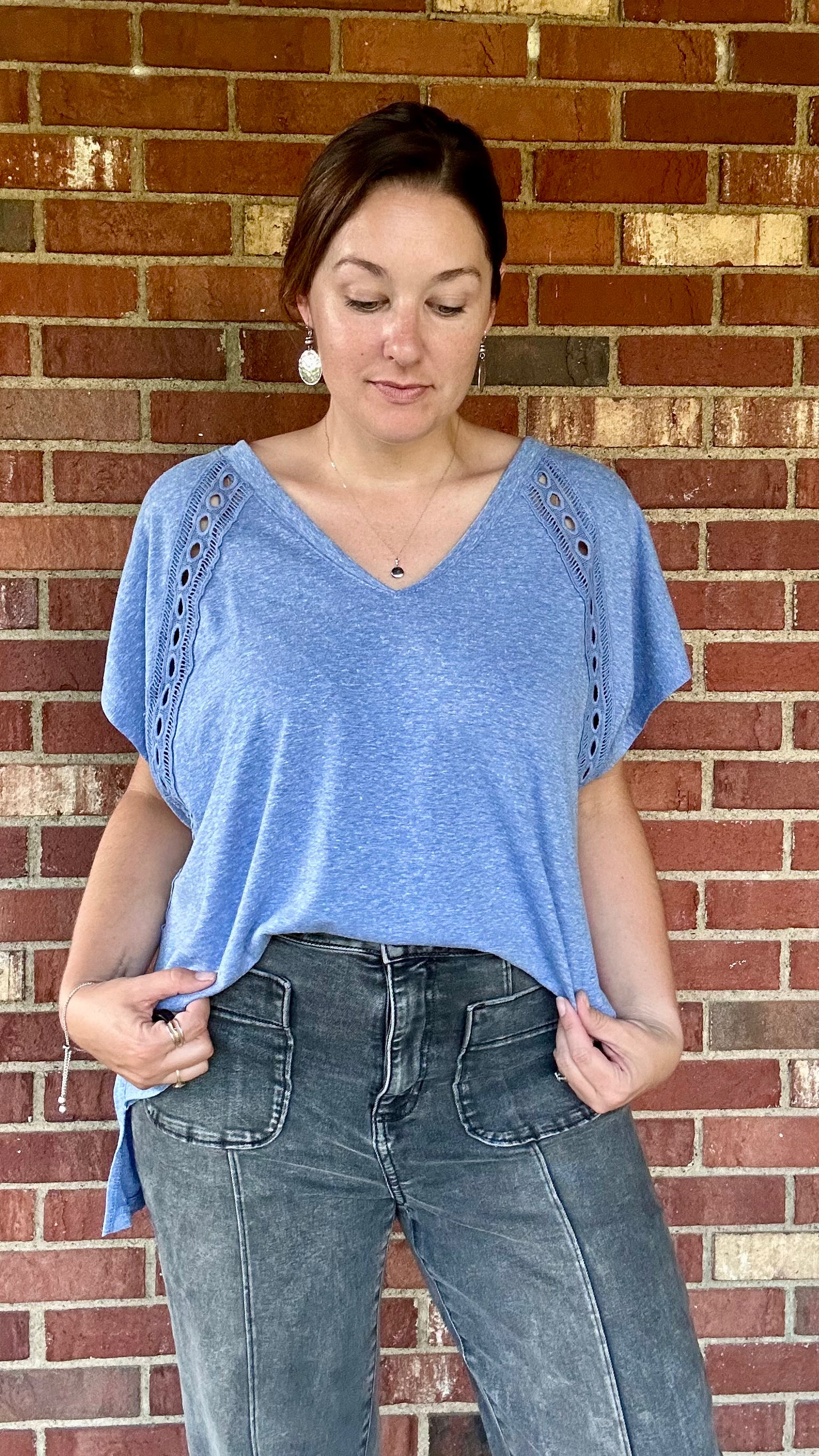 Camden Lace V Neck Top - Denim