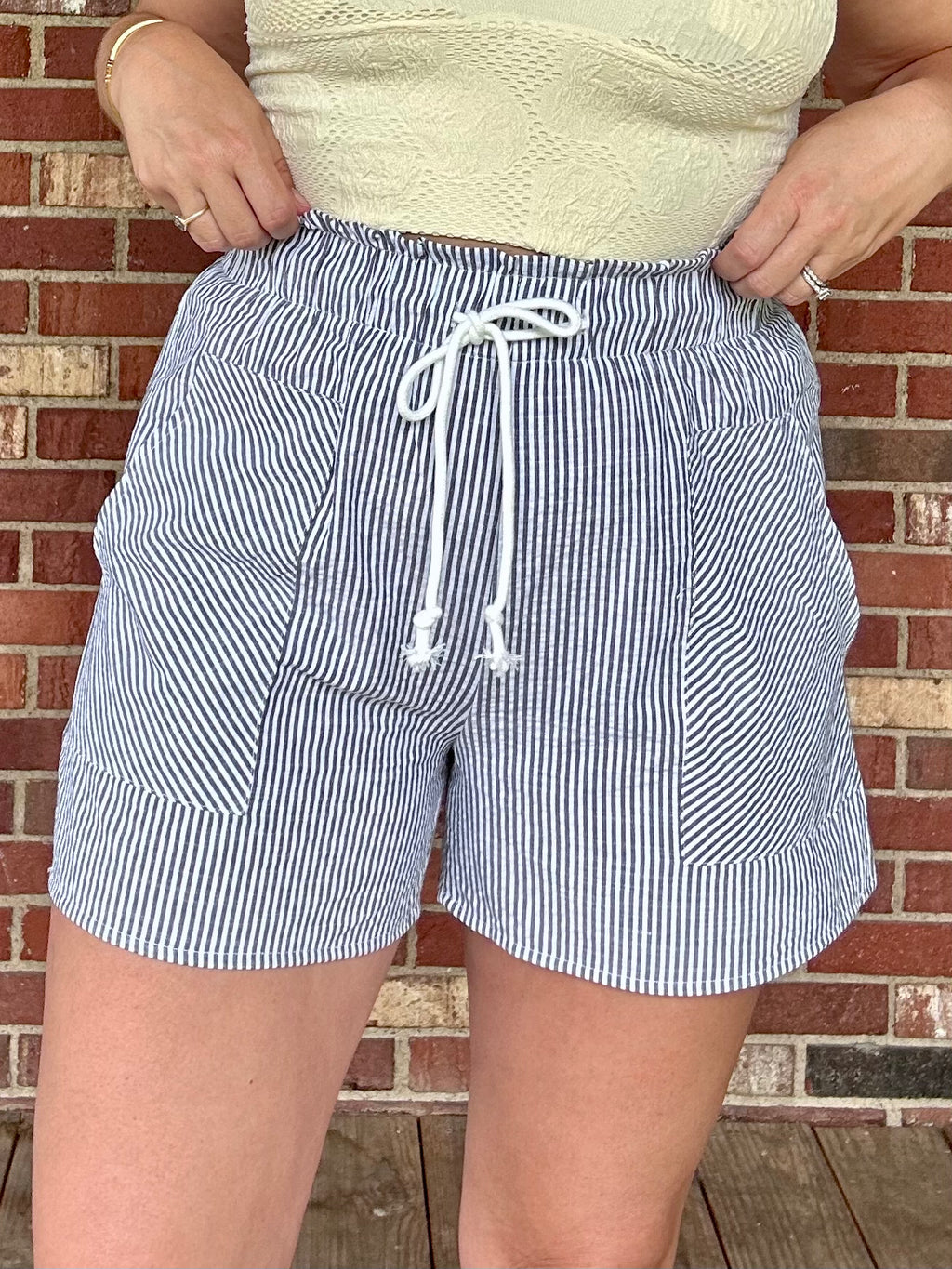 Gray Stripe Drawstring Shorts