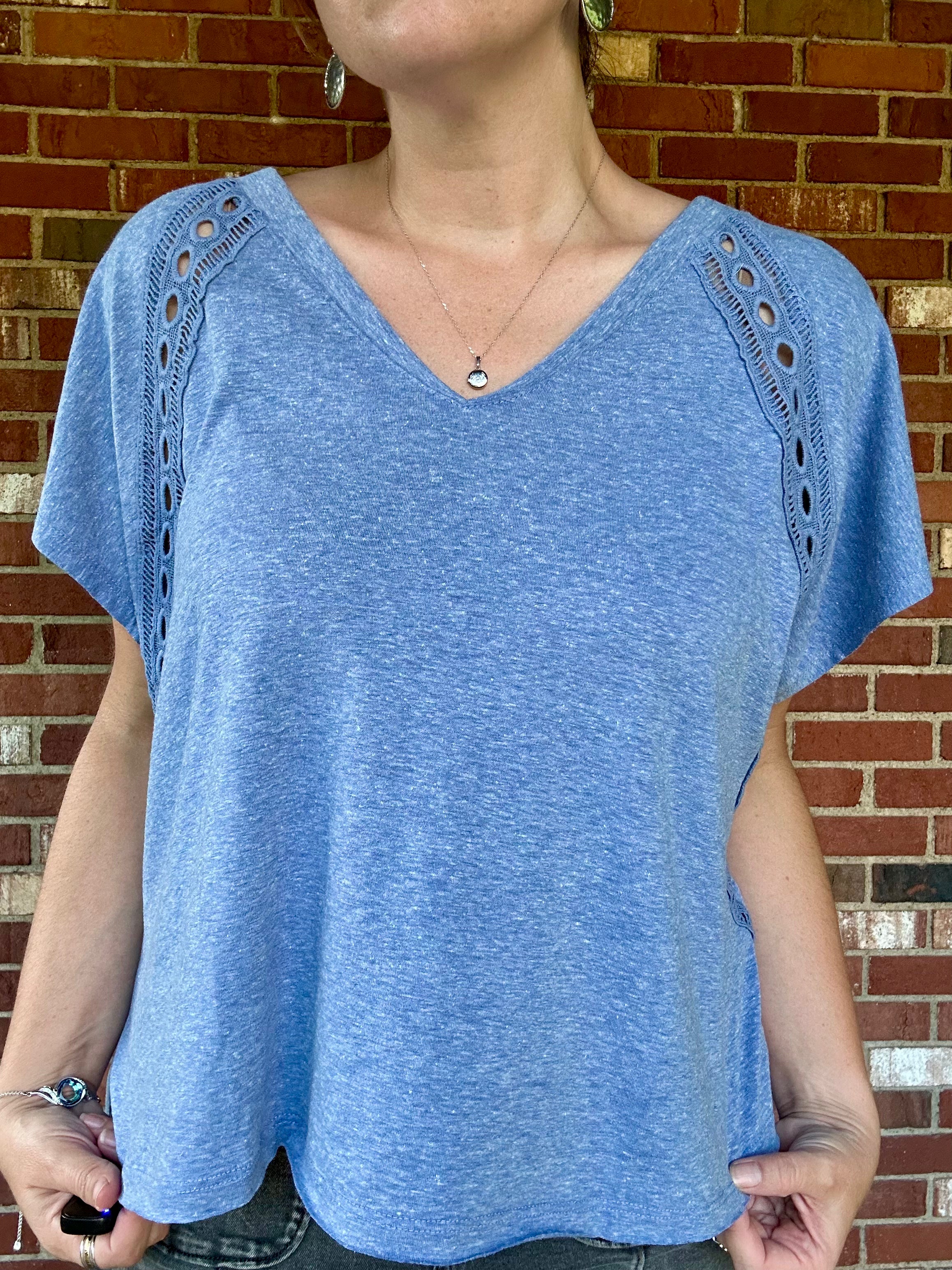 Camden Lace V Neck Top - Denim