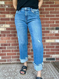 MID RISE RAW CUFFED HEM SLIM WIDE JEANS
