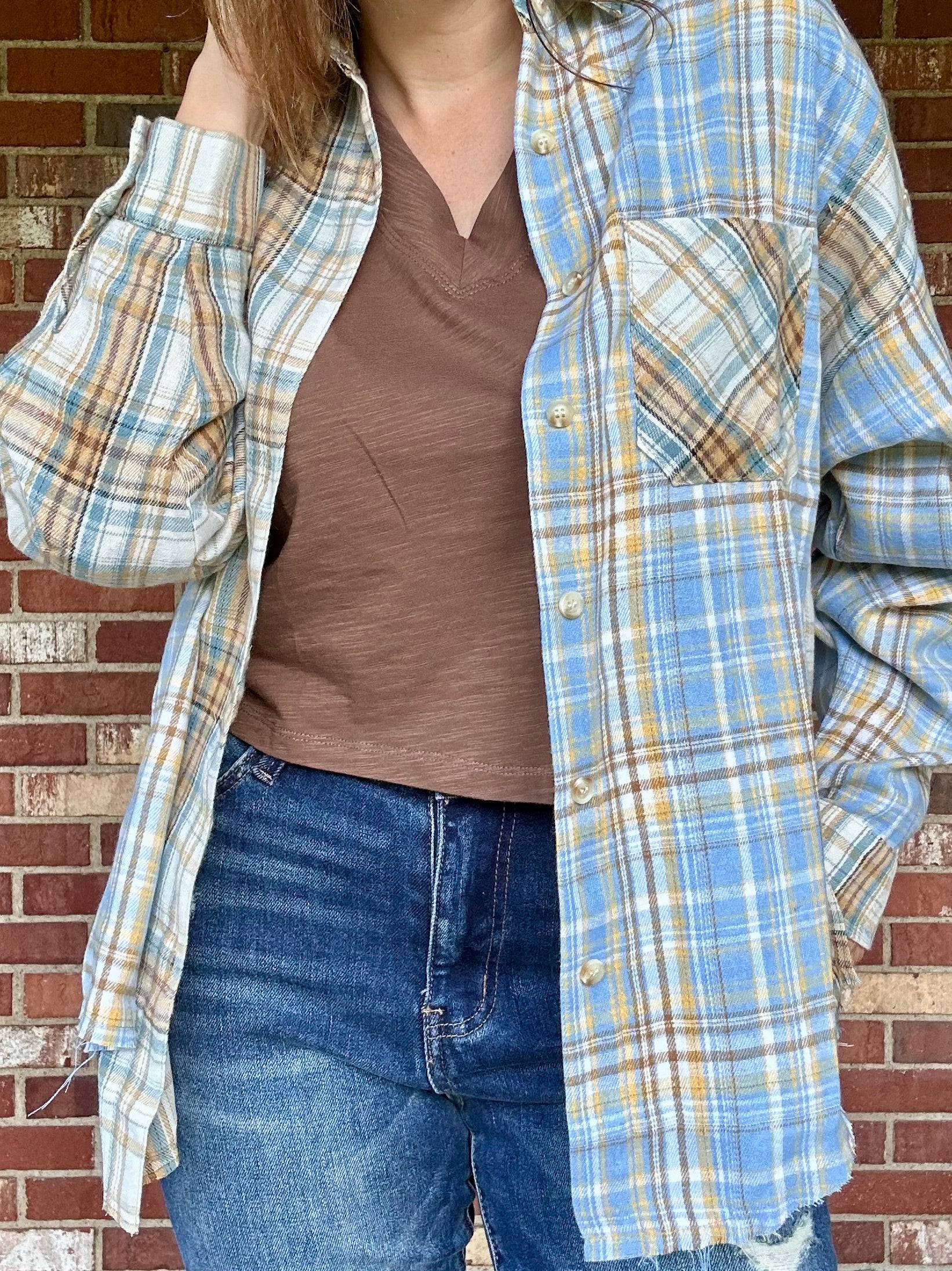 Blue and Tan Plaid Flannel Shirt