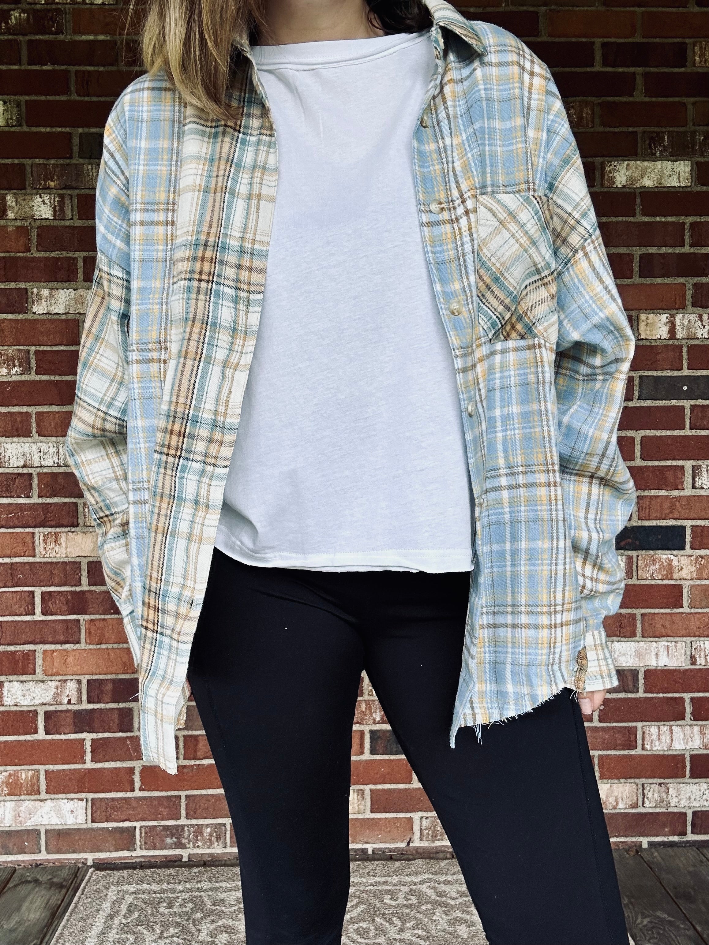 Blue and Tan Plaid Flannel Shirt