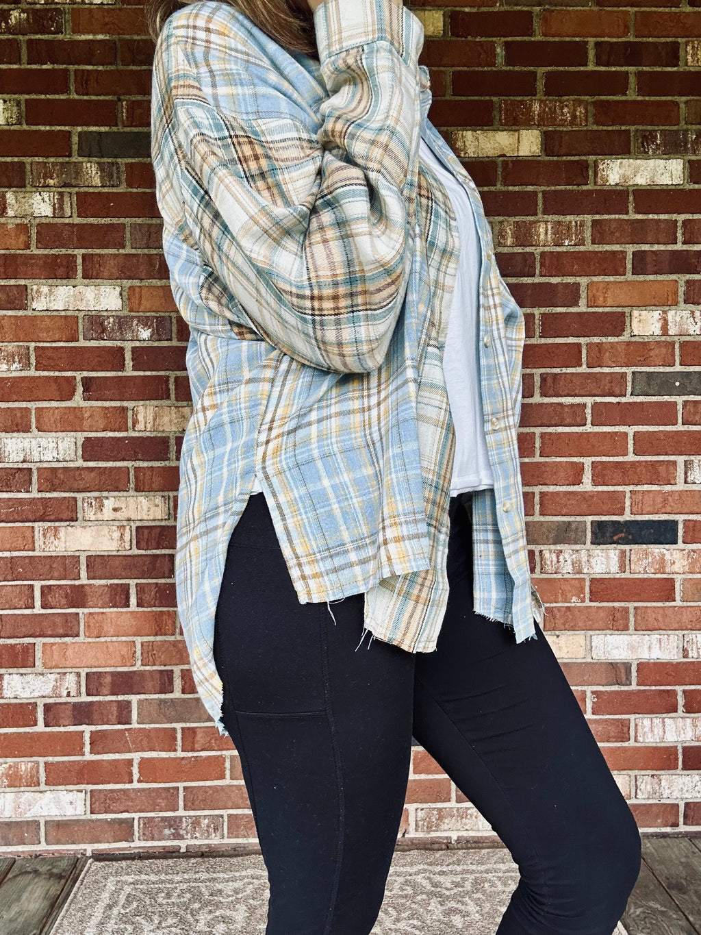 Blue and Tan Plaid Flannel Shirt