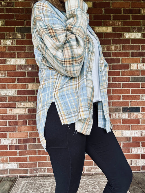Blue and Tan Plaid Flannel Shirt