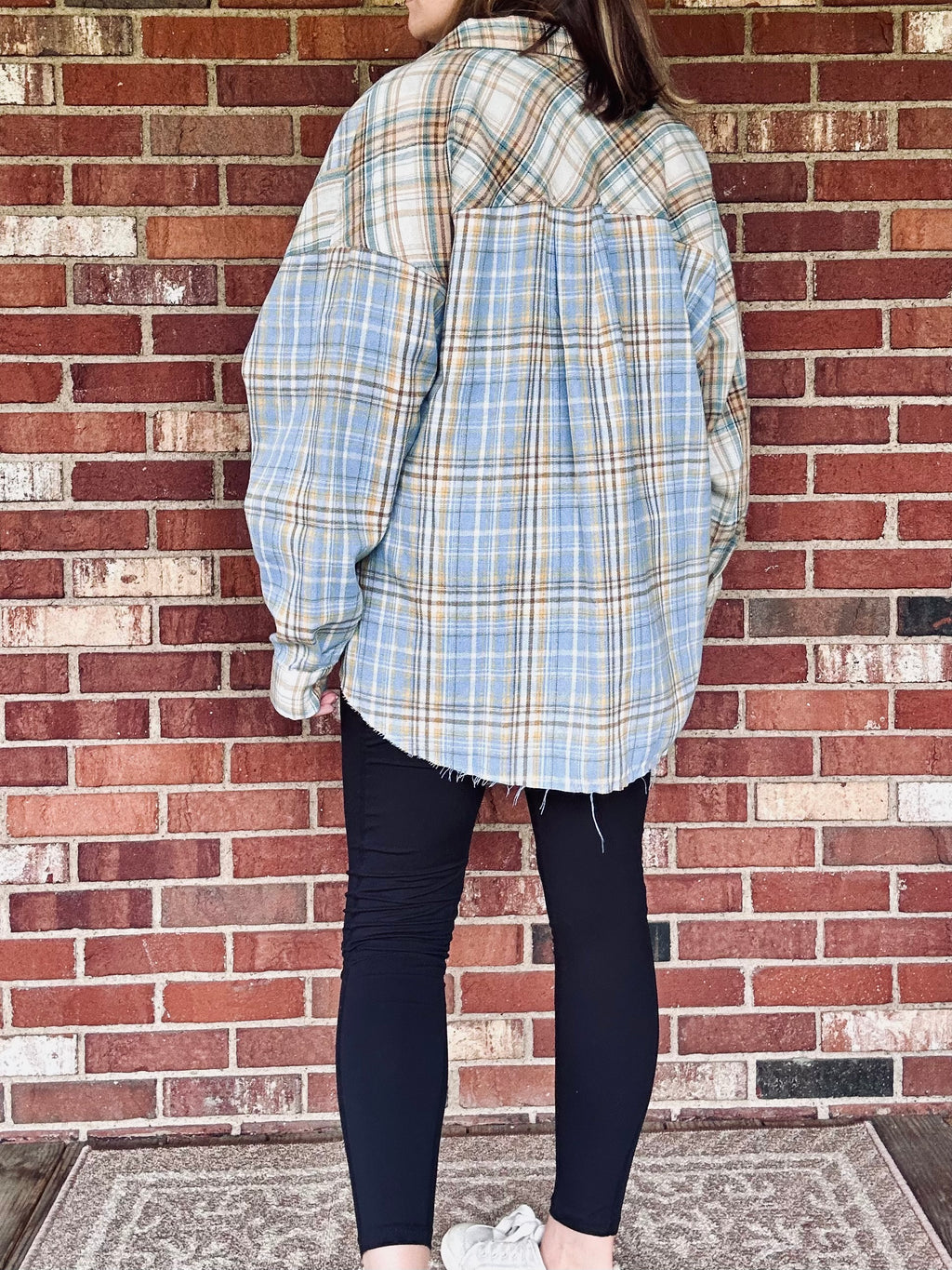 Blue and Tan Plaid Flannel Shirt