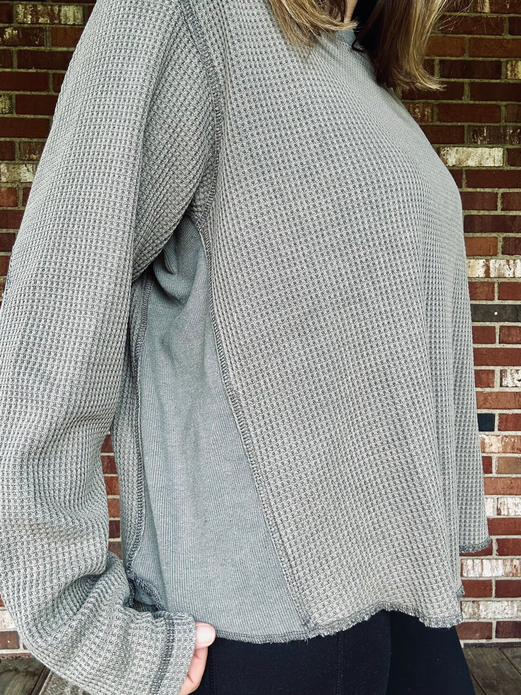 Waffle Knit Contrast Panel Long Sleeve Top