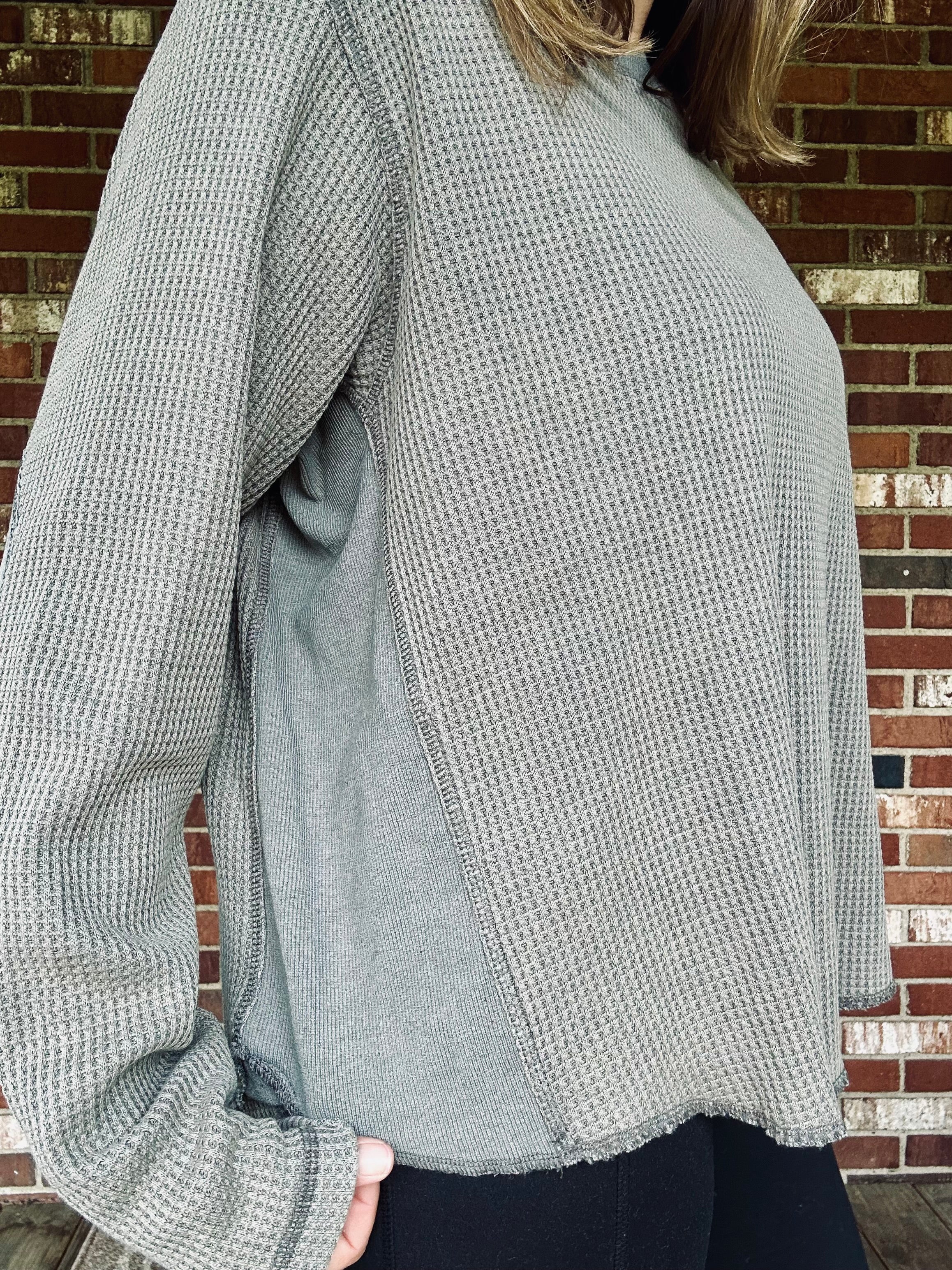 Waffle Knit Contrast Panel Long Sleeve Top