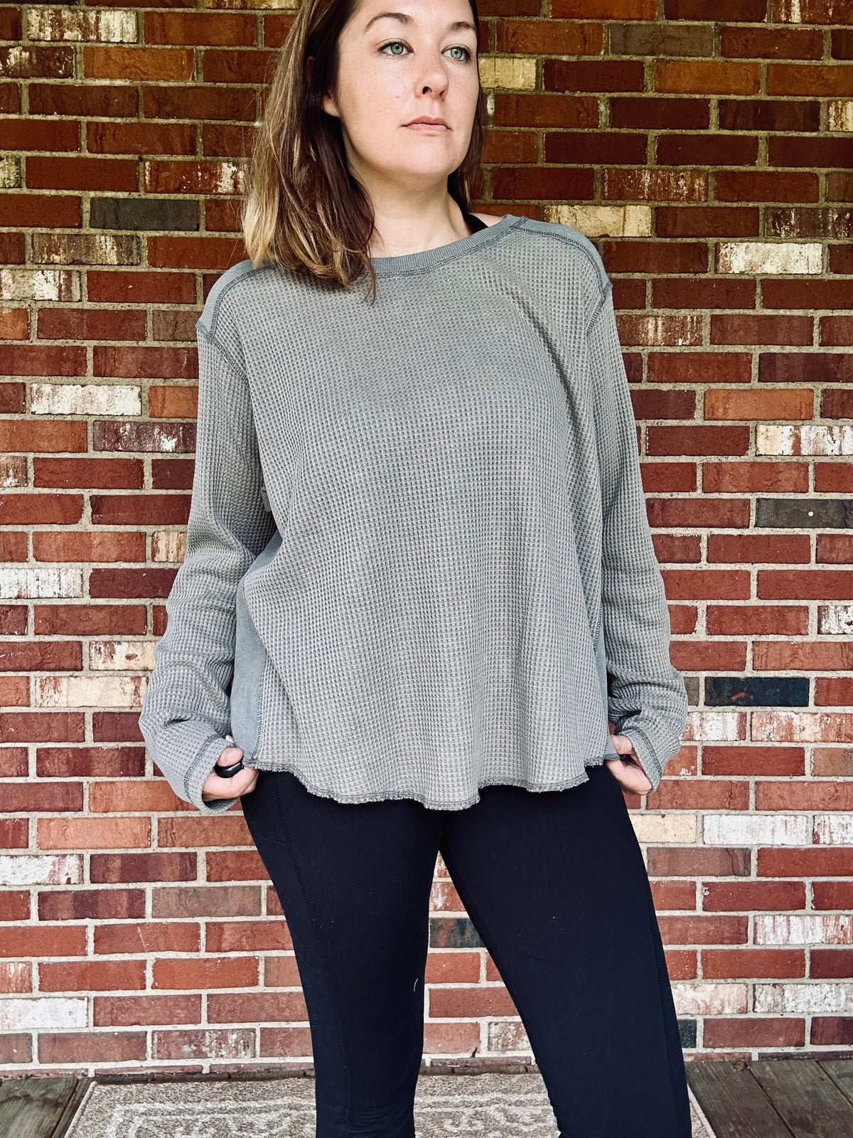 Waffle Knit Contrast Panel Long Sleeve Top