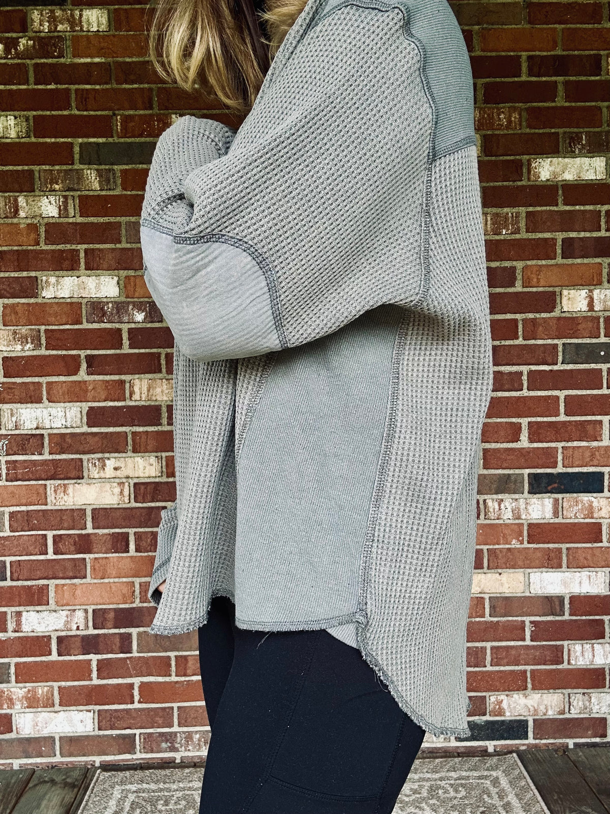 Waffle Knit Contrast Panel Long Sleeve Top